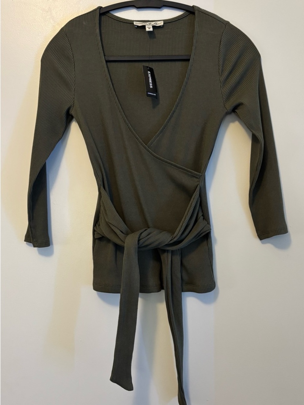 Express One Eleven Olive Green Wrap Front Ribbed Top